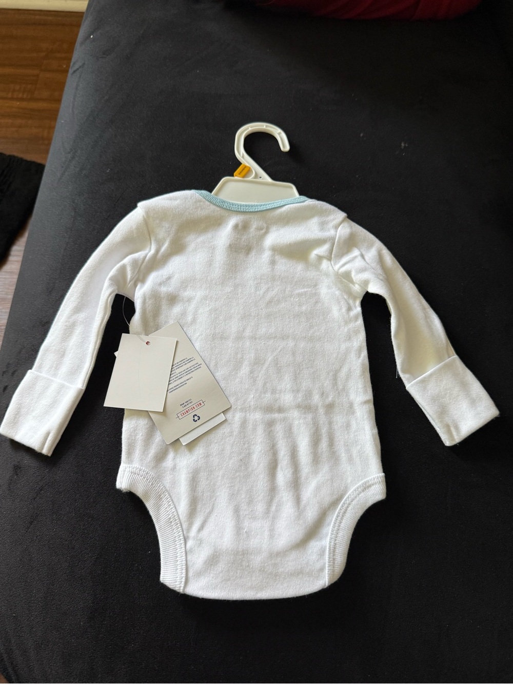 Champion White Long-Sleeve Baby Bodysuit with Light Blue Trim